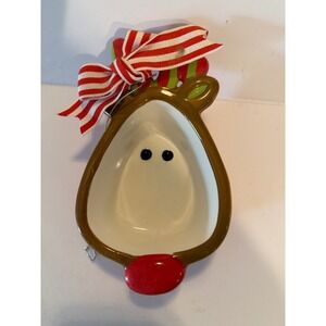 Mud Pie Reindeer Ceramic Candy Dish Christmas Holiday Decor Red Bow 7in